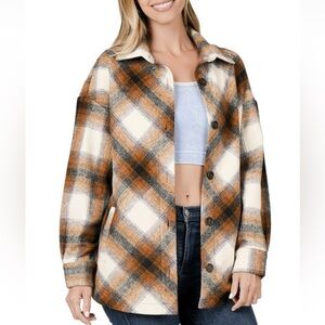 Plaid Flannel Shacket for Women Brown rust Checkered Button-Up Long Sleeve Fall